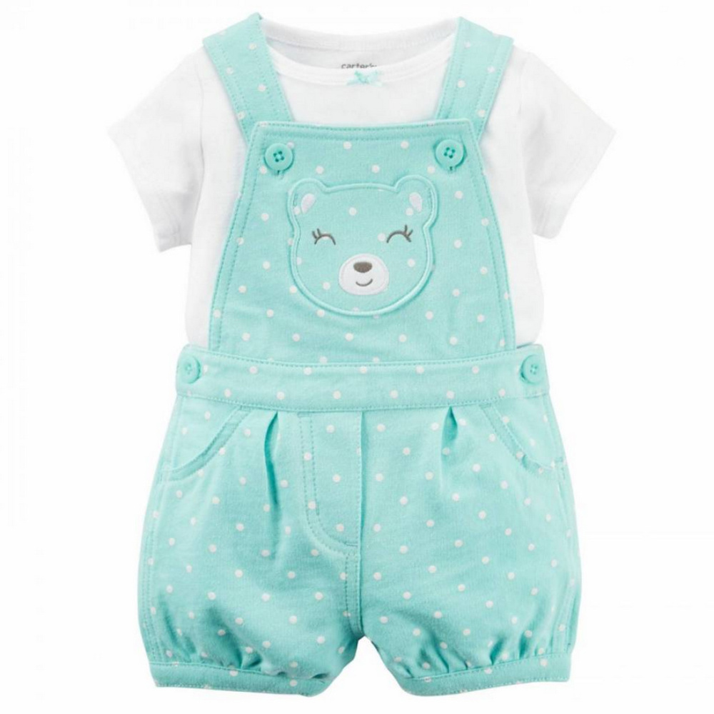 Carter’s 24 Months Baby Girl Tee & Shortalls Set Mint Bear Polka Dot